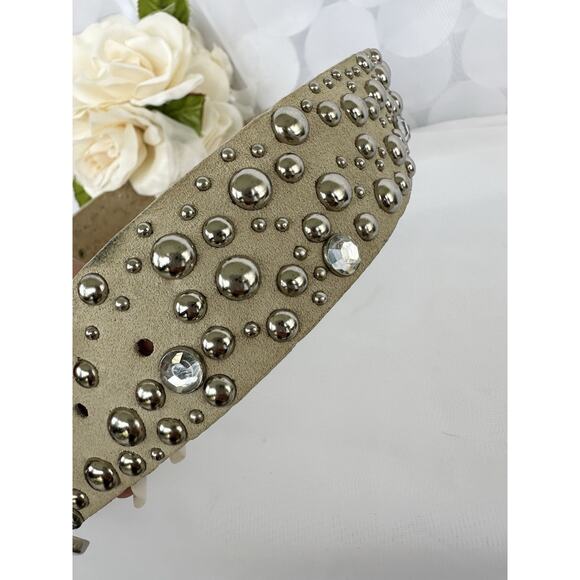 Genuine Suede Beige Studded Rhinestone Belt Women’s Small Silver Embellished - Picture 6 of 7